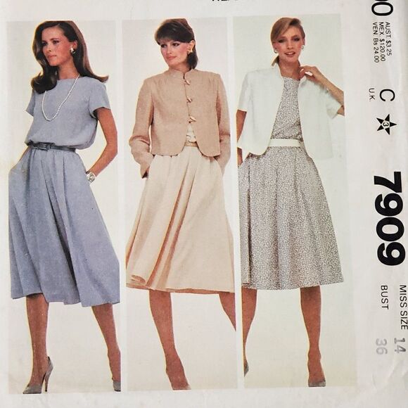 Vintage 80s McCalls Pattern 7909 Elastic Waist Dress Jacket Sz 14 Uncut - Picture 1 of 2